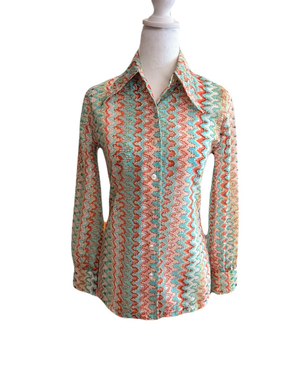 Vintage 70’s Button-Front Zigzag Print Shirt - Coral & Aqua